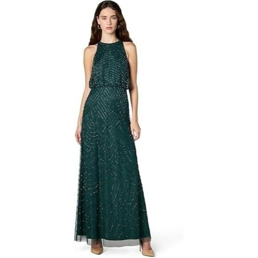 Adrianna Papell Womens Art Deco Beaded Blouson Dress 8 Dusty Emerald Halter Neck